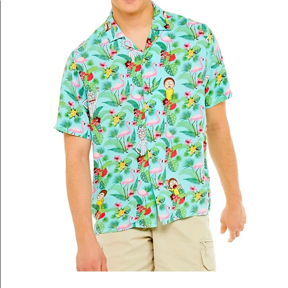 Rick And Morty Hawaiian Camp Shirt Mens 2X Adult Swim Blue Floral Cartoon Rayon